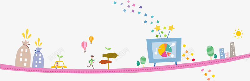 创意公路png免抠素材_新图网 https://ixintu.com 公路 创意 卡通 城市 手绘 水彩 电视机 粉色