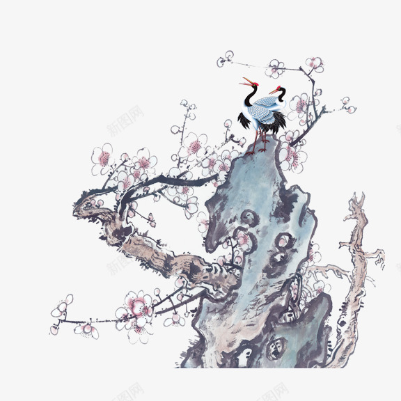 仙鹤蹬梅psd免抠素材_新图网 https://ixintu.com 仙鹤蹬梅 水墨画