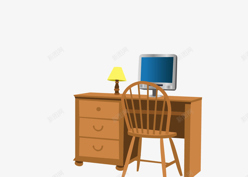 卡通书桌png免抠素材_新图网 https://ixintu.com 书桌 凳子 卡通 电脑 电视 黄色