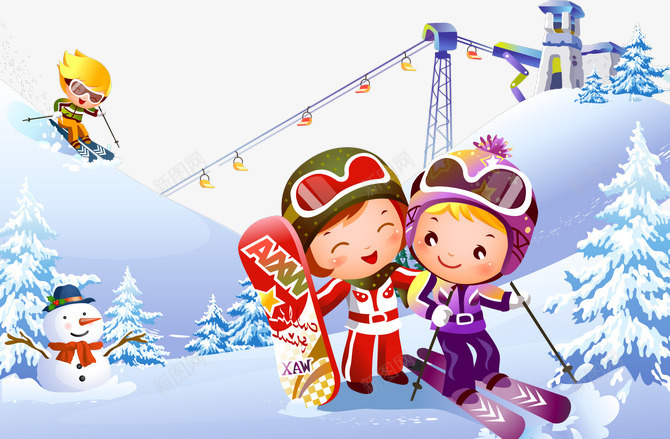 雪地滑雪png免抠素材_新图网 https://ixintu.com 手绘小孩 滑板 滑雪