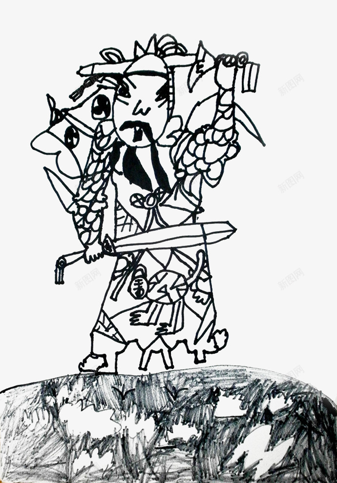 线描门神png免抠素材_新图网 https://ixintu.com 中国传统门神 中国文化 新年元素 民俗 线描 黑白