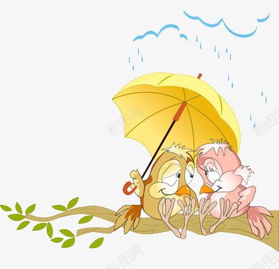 卡通树枝上撑着伞的小鸟png免抠素材_新图网 https://ixintu.com 下雨 叶子 天气 黄色