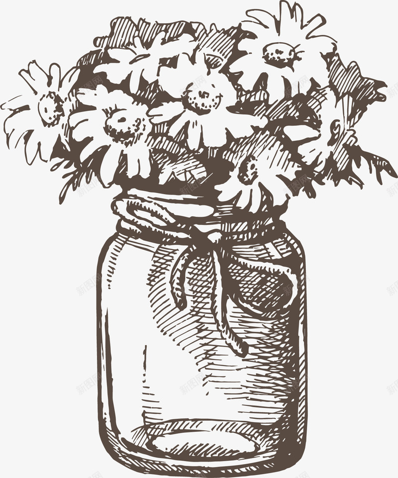 向日葵png免抠素材_新图网 https://ixintu.com 向日葵 向日葵黑白 手绘 素描 绳子 花朵 花瓶 蝴蝶结 铅画 黑白向日葵