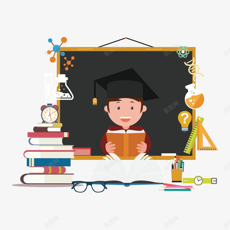 学习创意图案矢量图ai免抠素材_新图网 https://ixintu.com 书 博士帽 灯泡 眼镜 矢量图