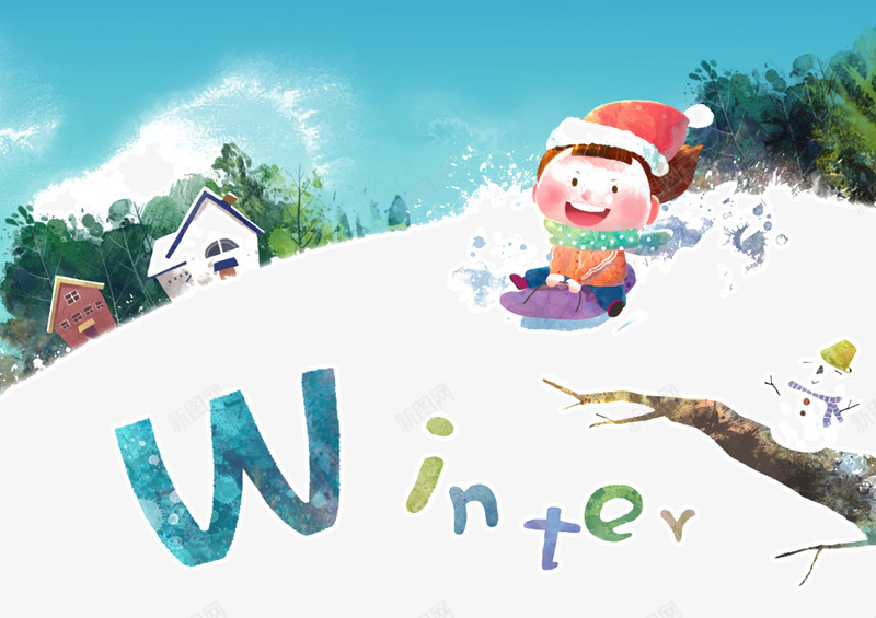 Winterpng免抠素材_新图网 https://ixintu.com Winter 可爱 字母 插画 滑雪的小朋友 雪地