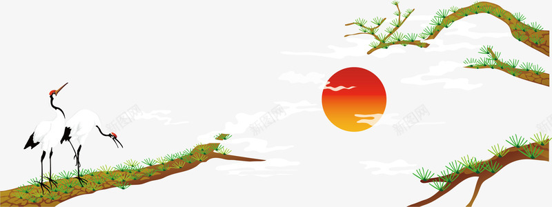 中国风绘画png免抠素材_新图网 https://ixintu.com 中国风 仙鹤 卡通 夕阳 绘画
