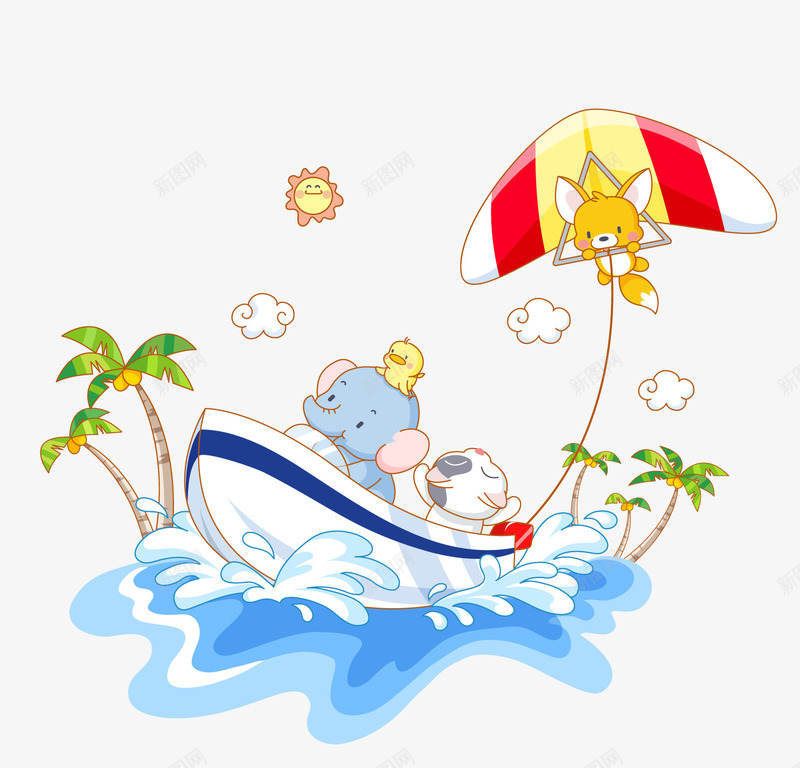 可爱动物生活主题png免抠素材_新图网 https://ixintu.com 可爱动物 大海 大象 生活主题 草地 降落伞