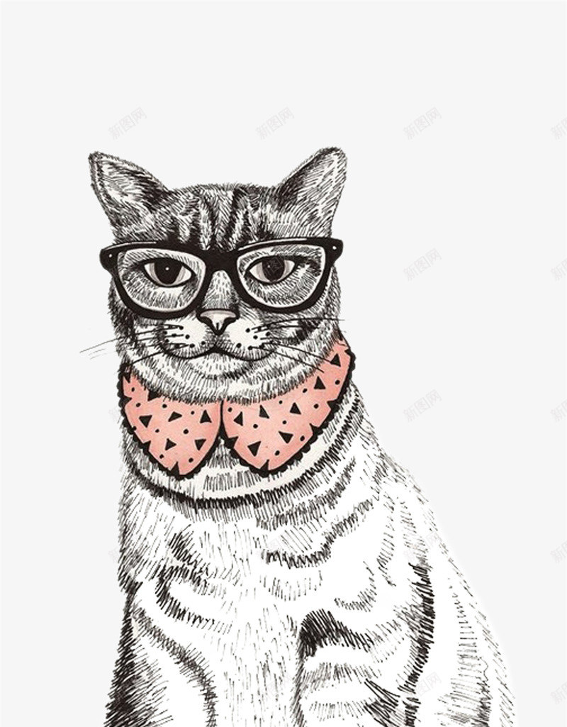 卡通手绘素描戴眼镜猫咪png免抠素材_新图网 https://ixintu.com PNG 卡通 戴眼镜 手绘 猫咪 素描