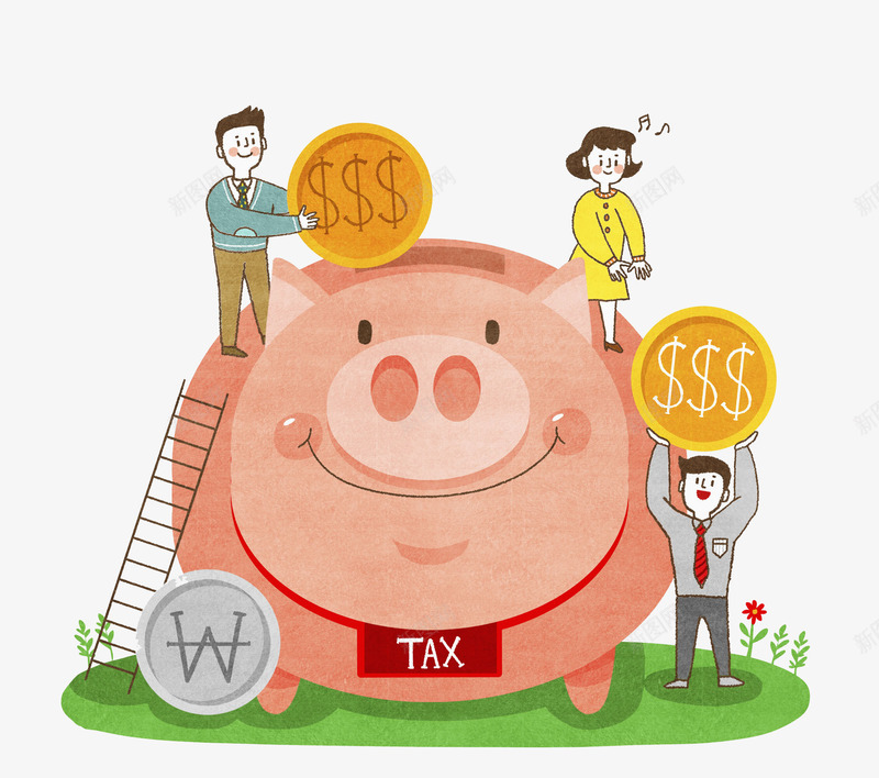 可爱的存钱罐png免抠素材_新图网 https://ixintu.com 可爱的 商务 存钱 存钱罐 小猪 梯子 男人 金币