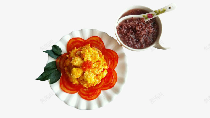 西红柿炒蛋花配红豆粥png免抠素材_新图网 https://ixintu.com 搭配 摆盘 摆盘花 炒蛋 红豆粥 花朵造型 西红柿