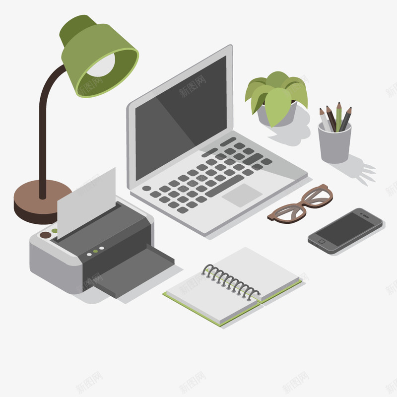绿色的办公环境png免抠素材_新图网 https://ixintu.com 办公室 台灯 手机 植物 眼镜 笔记本 笔记本电脑