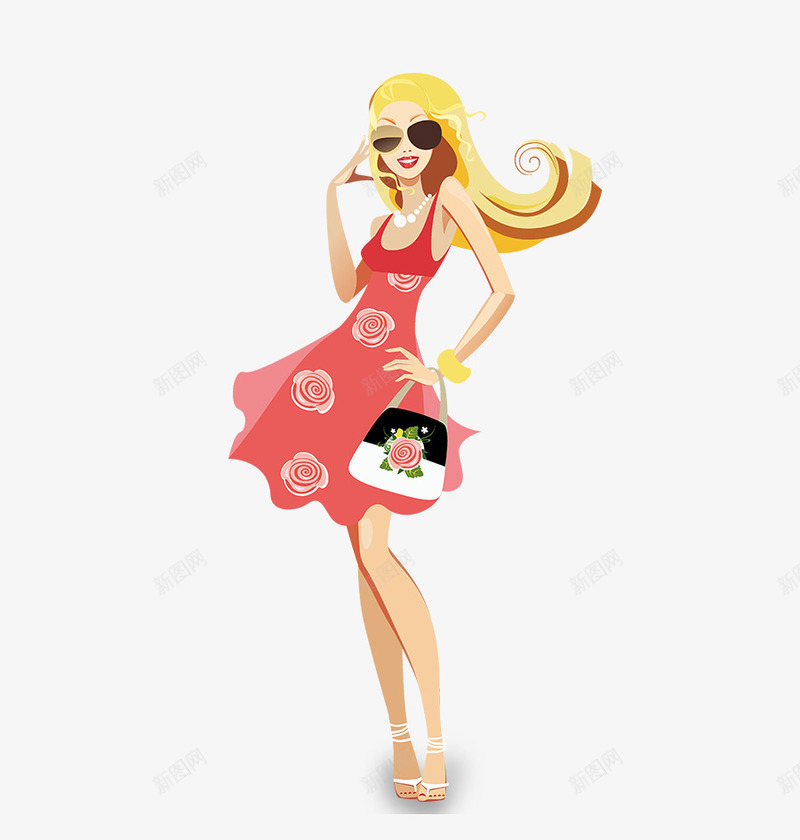 穿红裙子的女人png免抠素材_新图网 https://ixintu.com 包包 外国人 外国女人 戴眼镜的女人 穿红裙子的女人