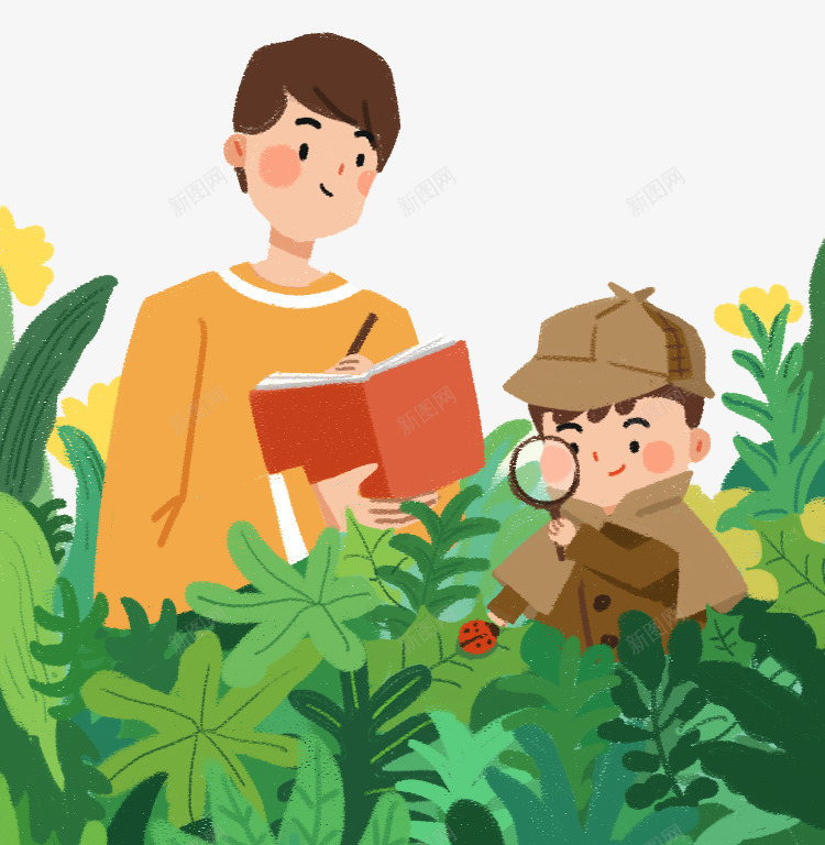 彩色创意读书卡通插画png免抠素材_新图网 https://ixintu.com 创意 卡通插画 可爱 叶子 大学生读书 彩色 放大镜 植物 绿色 观测 读书
