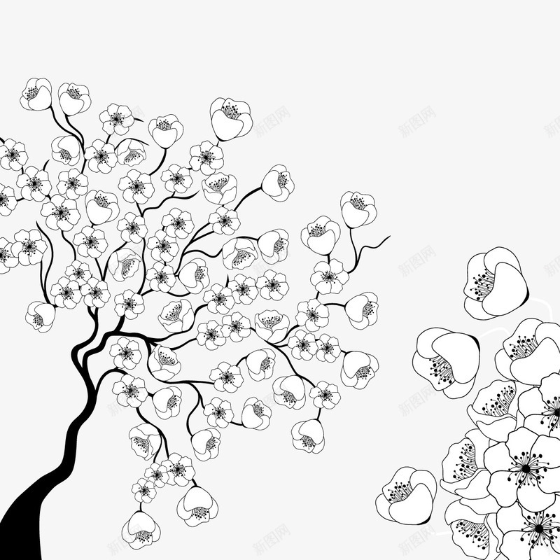 线描手绘花卉装饰矢量图ai免抠素材_新图网 https://ixintu.com 手绘 线描 花卉 装饰矢量图 黑白色调 矢量图