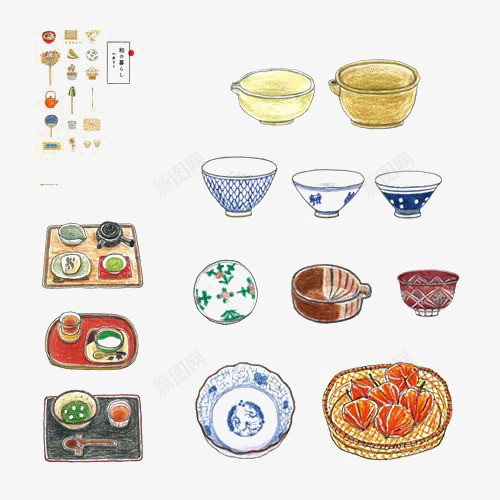 手绘餐具png免抠素材_新图网 https://ixintu.com 卡通 定食 手绘 插画 美食 陶瓷 餐具 饭碗