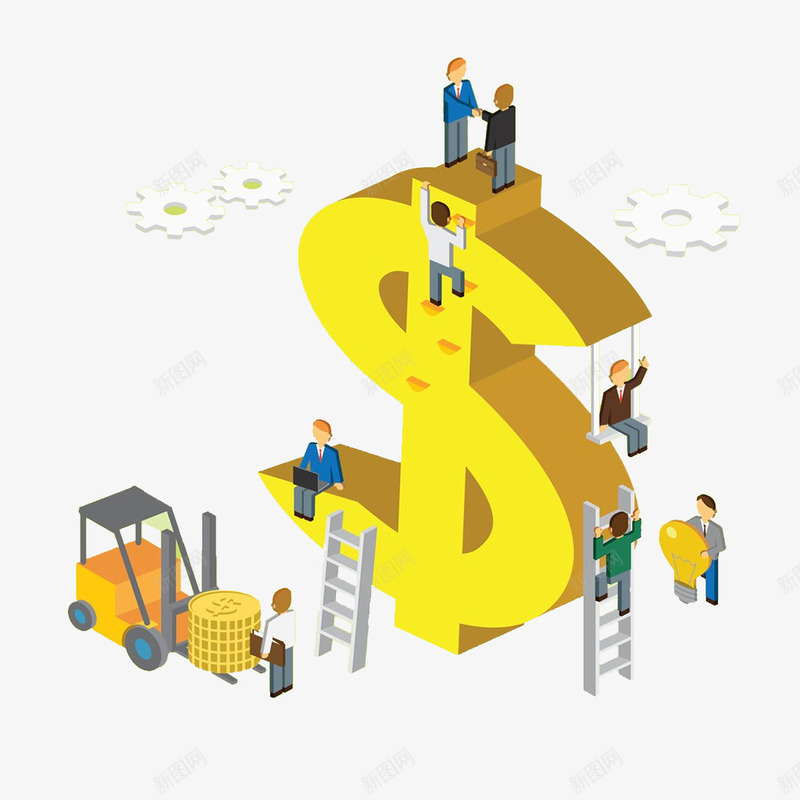 卡通货币上的人物办公png免抠素材_新图网 https://ixintu.com 人物办公 卡通 立体货币 符号 货币 金币 钱币