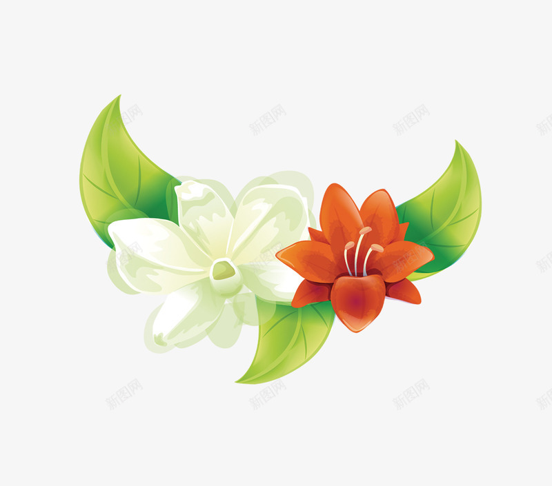 带叶子的花朵png免抠素材_新图网 https://ixintu.com 小花 树叶 橘红色 白色 花朵