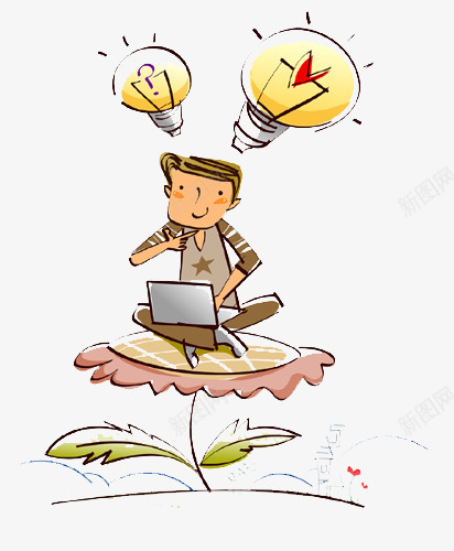 小男孩在花朵玩电脑png免抠素材_新图网 https://ixintu.com 手绘 灯泡 电脑 笔记本 绘画 花朵