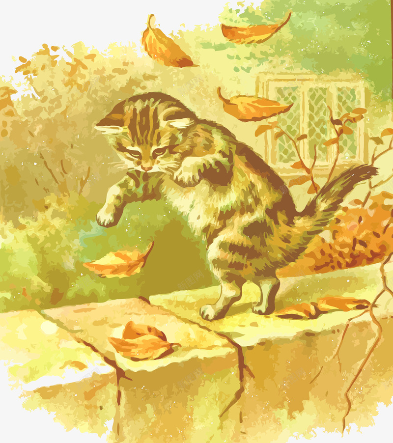 玩树叶的猫咪png免抠素材_新图网 https://ixintu.com 免费矢量下载 动物 宠物 插画