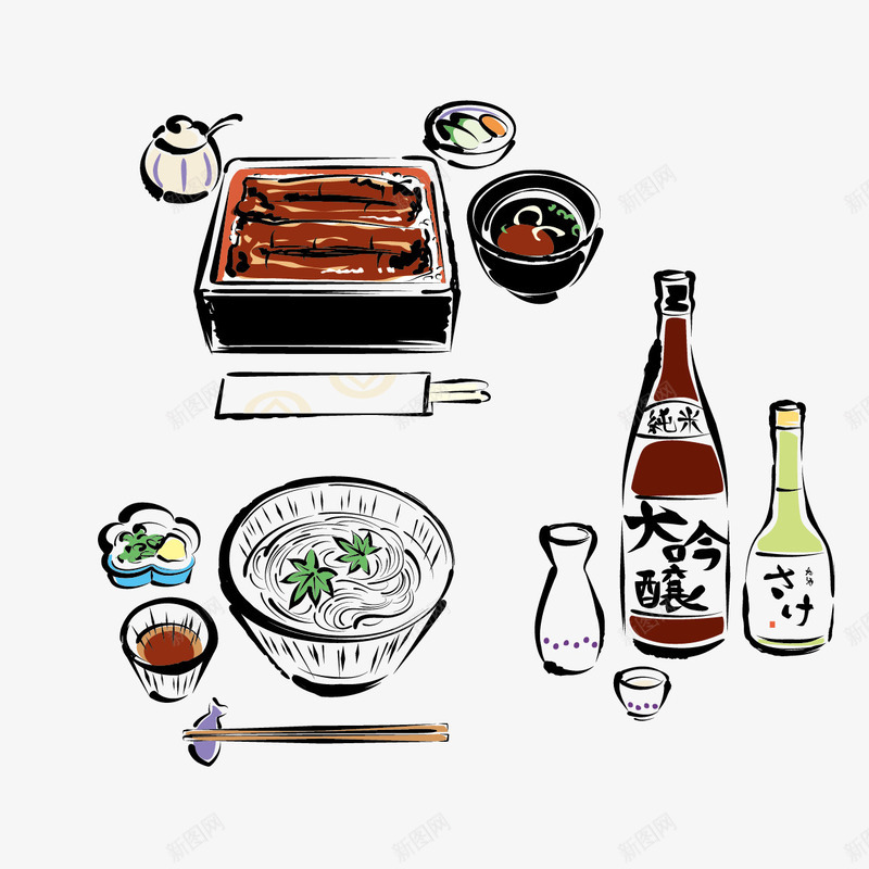 手绘美食和酒矢量图ai免抠素材_新图网 https://ixintu.com 碗 美食 酒 酒瓶 矢量图