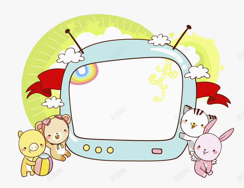 卡通绿色电视机图png免抠素材_新图网 https://ixintu.com 动物 宠物 微笑 水彩 电视机 红色绸带 绿色