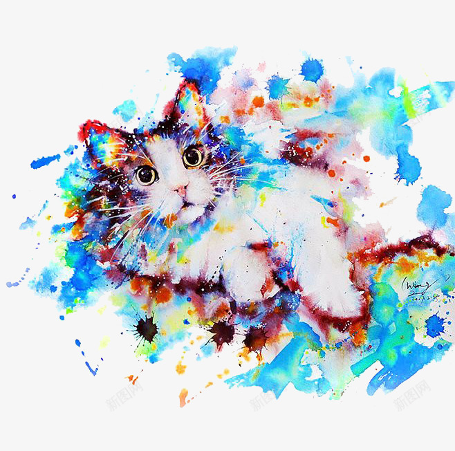 水彩猫咪png免抠素材_新图网 https://ixintu.com 卡通 可爱 呆萌 大眼睛 手绘 水彩 猫咪 蓝色 装饰