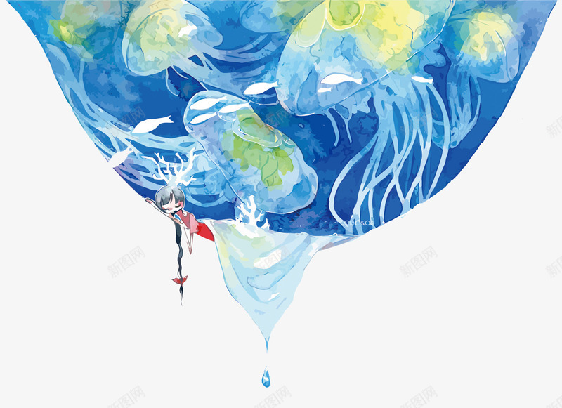 水彩插画png免抠素材_新图网 https://ixintu.com PNG PNG免费下载 PNG图片 大海 彩色水母 水彩 水母 蓝色