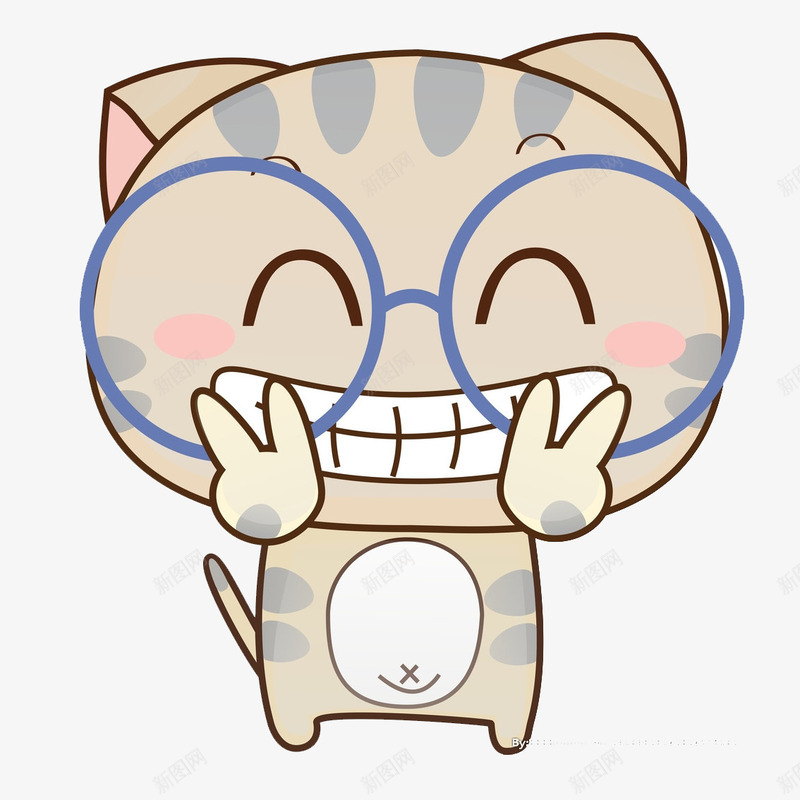 卡通微笑猫png免抠素材_新图网 https://ixintu.com 卡通 可爱 图案 大笑 大脸猫 戴眼镜的猫 拟人化 蓝眼镜 通身粉色
