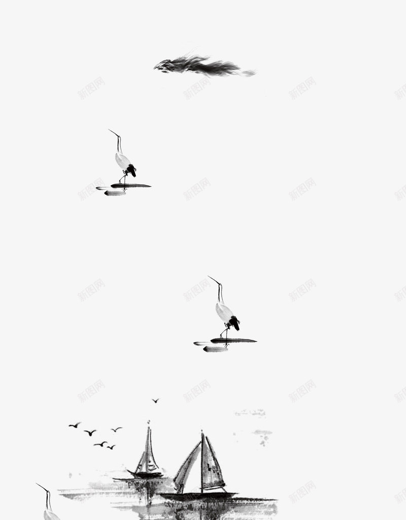 船png免抠素材_新图网 https://ixintu.com 仙鹤 创意 船 黑白