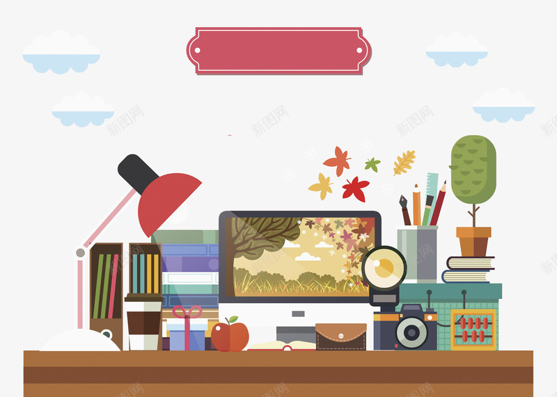 卡通商务办公桌摆设图png免抠素材_新图网 https://ixintu.com 创意的 办公桌 卡通 台灯 商务 场景 摆台 电脑