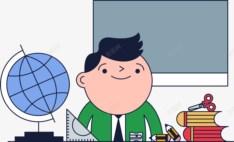 办公桌上的老师png免抠素材_新图网 https://ixintu.com 书本 卡通教师 卡通男老师 卡通老师 地球仪 教师 男老师 老师 黑板