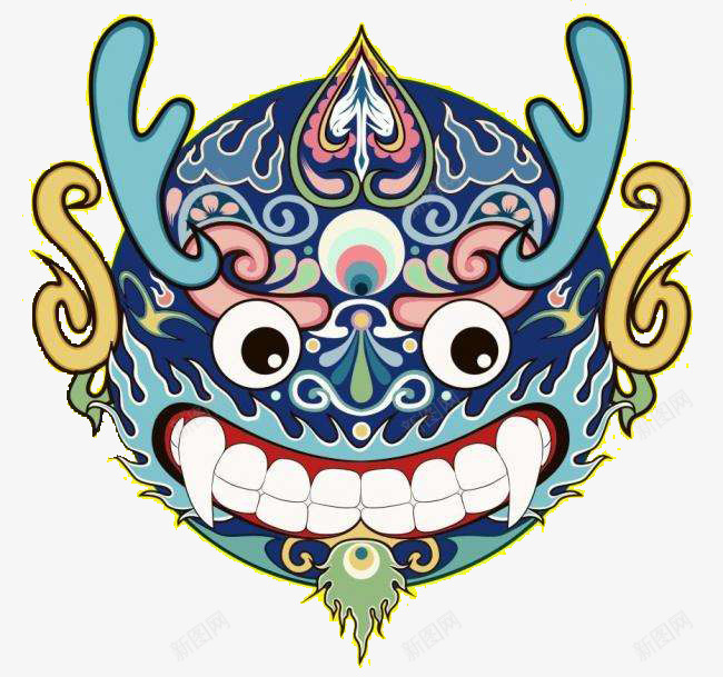 浪花门神png免抠素材_新图网 https://ixintu.com 中国传统门神 牙齿 犄角 瞪眼 蓝色 锋利