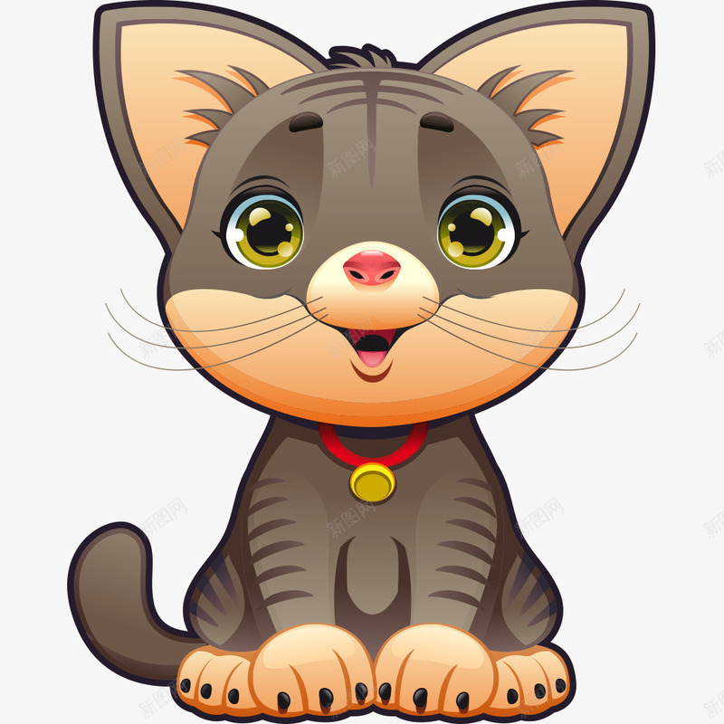 卡通猫咪png免抠素材_新图网 https://ixintu.com 卡通 图案 手绘 灰色 装饰 铃铛 黄色的耳朵 黑色