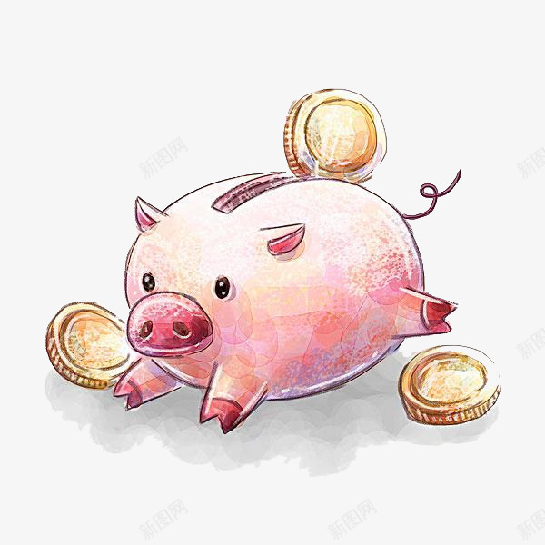 硬币小猪png免抠素材_新图网 https://ixintu.com 存钱罐 小猪 尾巴 手绘 硬币 粉色 耳朵 黄色