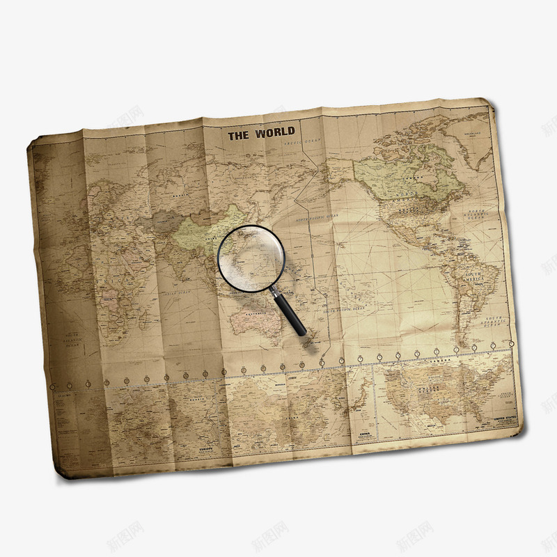 做旧地图png免抠素材_新图网 https://ixintu.com 世界地图 怀旧 放大镜 旅游 羊皮纸