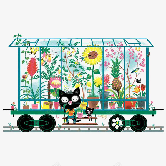 卖花的猫png免抠素材_新图网 https://ixintu.com 卡通猫咪 拟人 花卉 花店店员 花房车