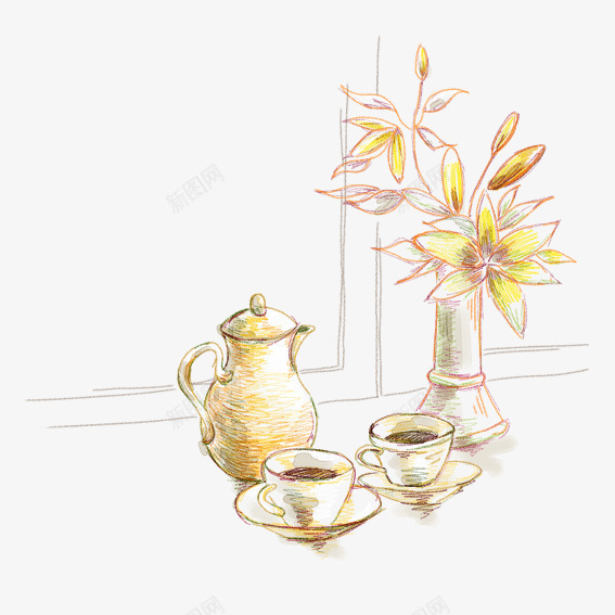 手绘餐具花瓶png免抠素材_新图网 https://ixintu.com 咖啡 手绘 花朵 花瓶 餐具