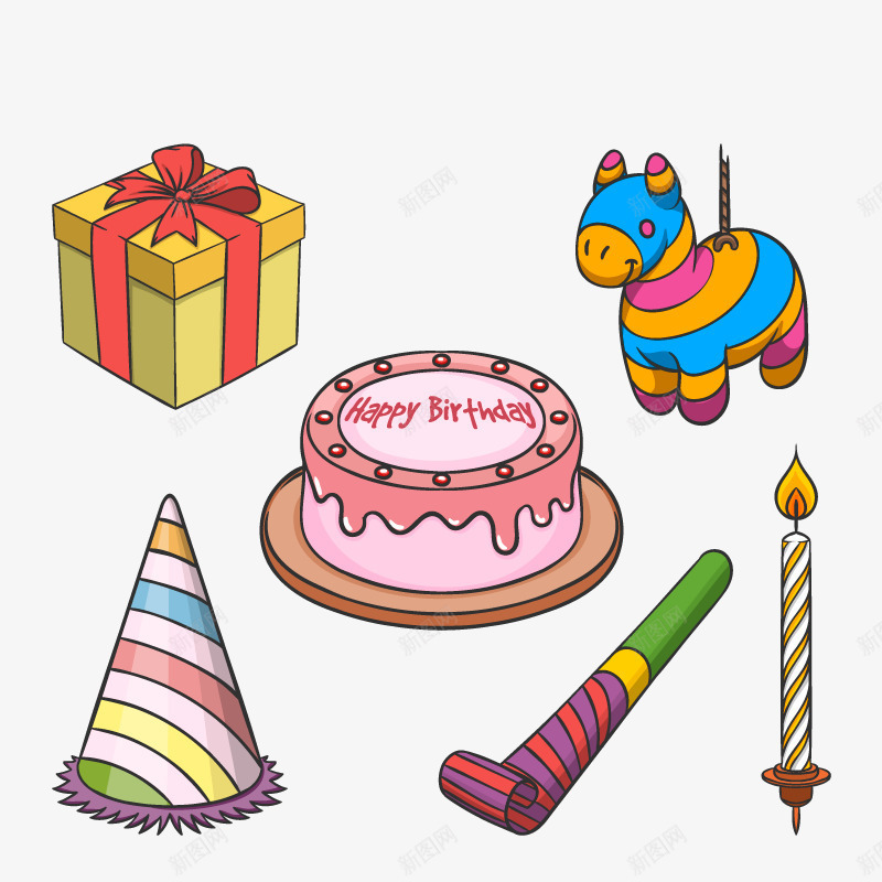 可爱生日礼物用品png免抠素材_新图网 https://ixintu.com 木马 生日 蛋糕 蜡烛
