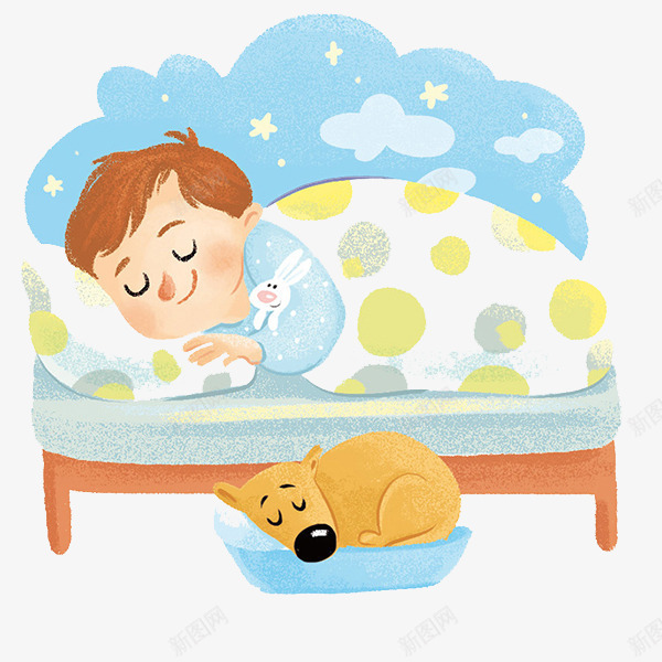和狗狗一起睡觉的男孩psd免抠素材_新图网 https://ixintu.com 卡通形象的插画 实用的插画 有创造的插画