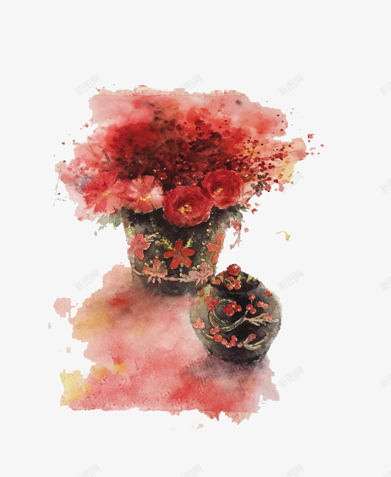 红色梅花黑色底色花瓶与小壶png免抠素材_新图网 https://ixintu.com 小壶 梅花 花瓶 黑色红色