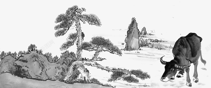 水墨画松树牛png免抠素材_新图网 https://ixintu.com 中国风 卡通手绘 国画牛 水墨画 牛