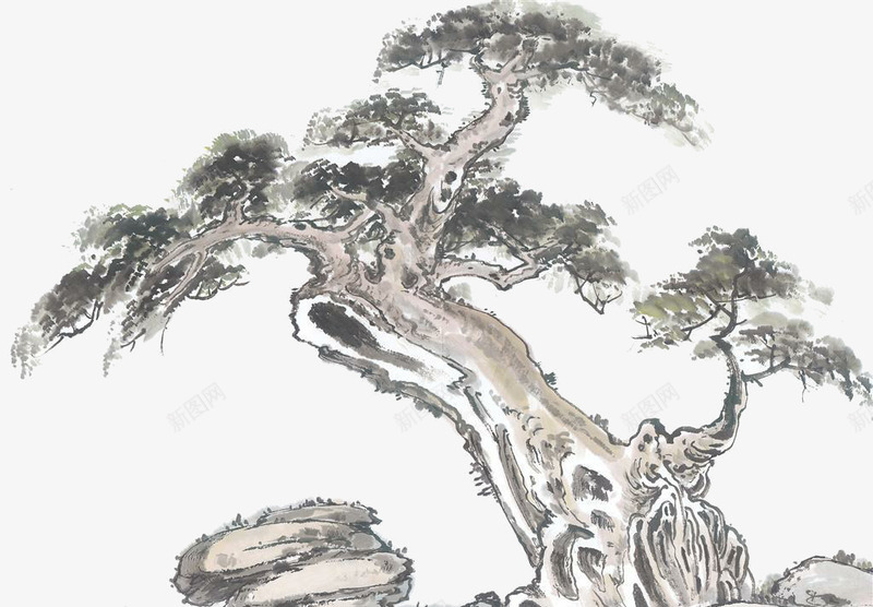国画一棵松树png免抠素材_新图网 https://ixintu.com 国画 岩石 松树 水墨松