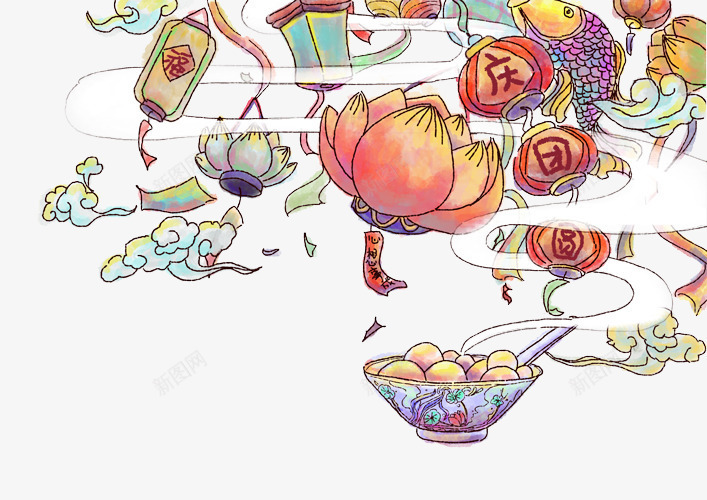 手绘装饰插图元宵佳节庆团圆png免抠素材_新图网 https://ixintu.com 中国风装饰 元宵佳节 庆团圆 手绘 正月十五 装饰插图