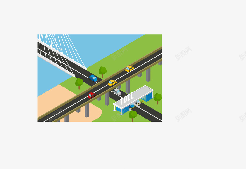 公路大桥png免抠素材_新图网 https://ixintu.com 公路 创意 商店 大桥 小树 汽车 河水 特色