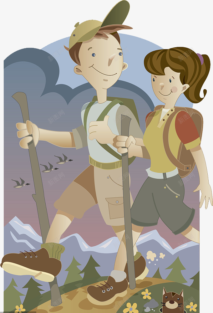 卡通人物一起登山的男孩女孩png免抠素材_新图网 https://ixintu.com 卡通人物 卡通人物走路 拄着拐杖 男孩女孩 登山 走路