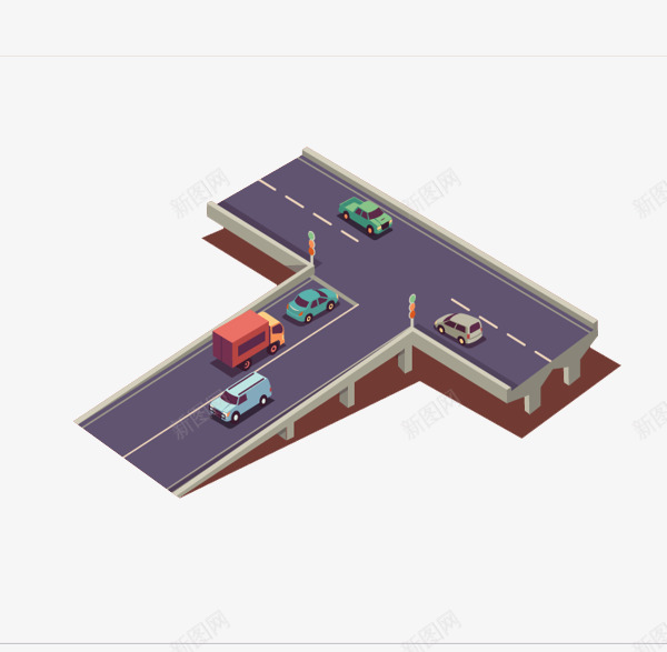 T形路口png免抠素材_新图网 https://ixintu.com 交叉路口 交通 分叉路 卡通 汽车 马路