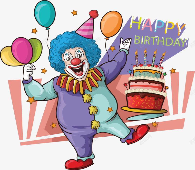小丑生日快乐卡png免抠素材_新图网 https://ixintu.com 小丑 生日快乐 生日蛋糕 矢量素材 蜡烛