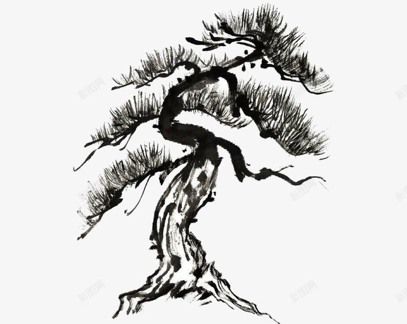 一棵松树png免抠素材_新图网 https://ixintu.com 国画 松树 水墨松 水墨画 黑色