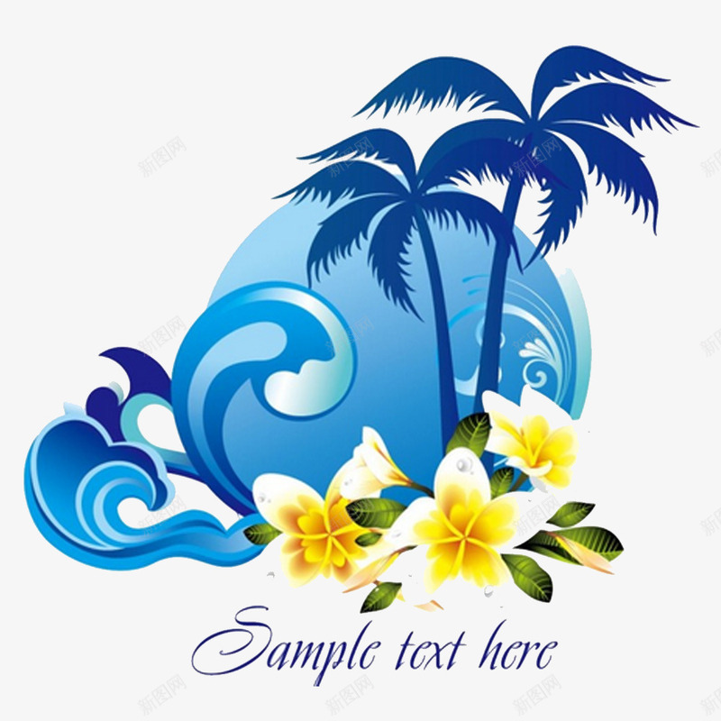 花朵和椰树蓝色背景psd免抠素材_新图网 https://ixintu.com 椰树 矢量背景元素 花朵 蓝色椰树