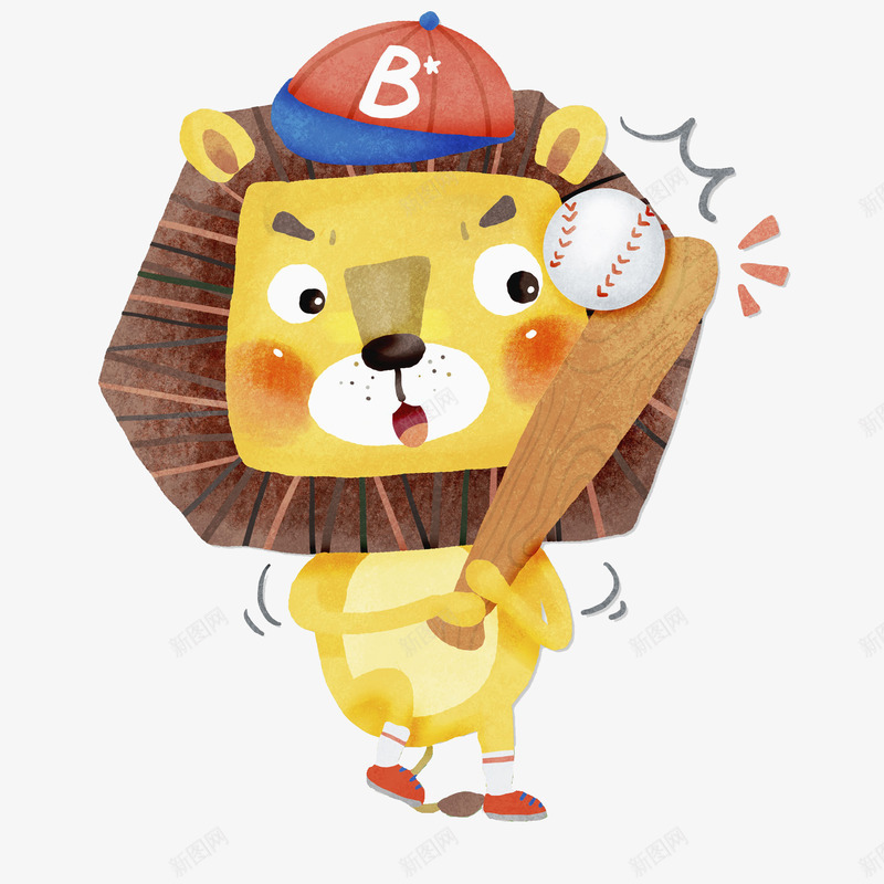 卡通打棒球的狮子图png免抠素材_新图网 https://ixintu.com 创意的 动物 卡通 打棒球 棒球 棒球帽 狮子 运动